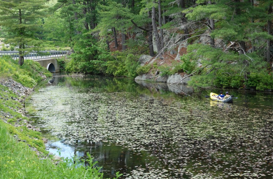 A father and son paddling on inflatable kayak on the Little Long Pond in Harriman State Park in upstate New York on June 7, 2020.