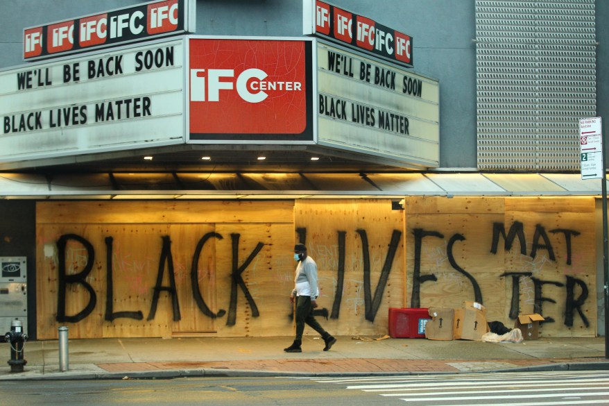 The words “Black Lives Matter” painted on plywood at the IFC theater in Manhattan on June 12, 2020.