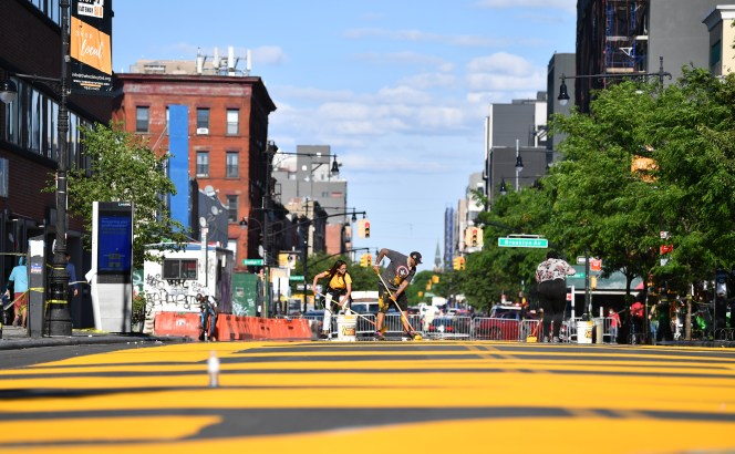 Black Lives Matter painted on Fulton Street, between Marcy and Tompkins Avenues, in Bed-Stuy, Brooklyn.