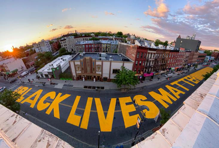 Black Lives Matter painted on Fulton Street, between Marcy and Tompkins Avenues, in Bed-Stuy, Brooklyn.