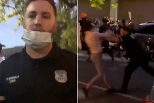 Stills from two videos showing an NYPD officer caught on camera shoving a protester in Brooklyn.