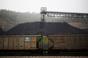 Coal hoppers sit on a track in Printer, Kentucky.