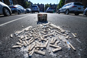 Fireworks pictured in the middle of the street in Crown Heights, Brooklyn, today.