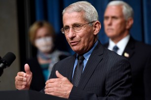 Dr. Anthony Fauci speaks at during a news conference with members of the Coronavirus task force at the Department of Health and Human Services in Washington today.