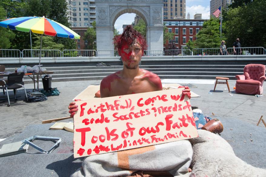 Matthew John Mishefski has constructed a “shrine” in the fountain of Washington Square Park.