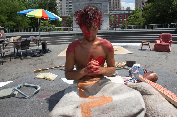 has constructed a “shrine” in the fountain of Washington Square Park