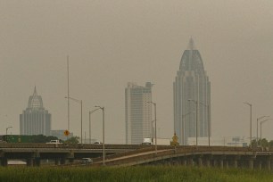 he skyline is covered in haze from the arrival of the Sahara Dust Cloud, in Mobile, Alabama.