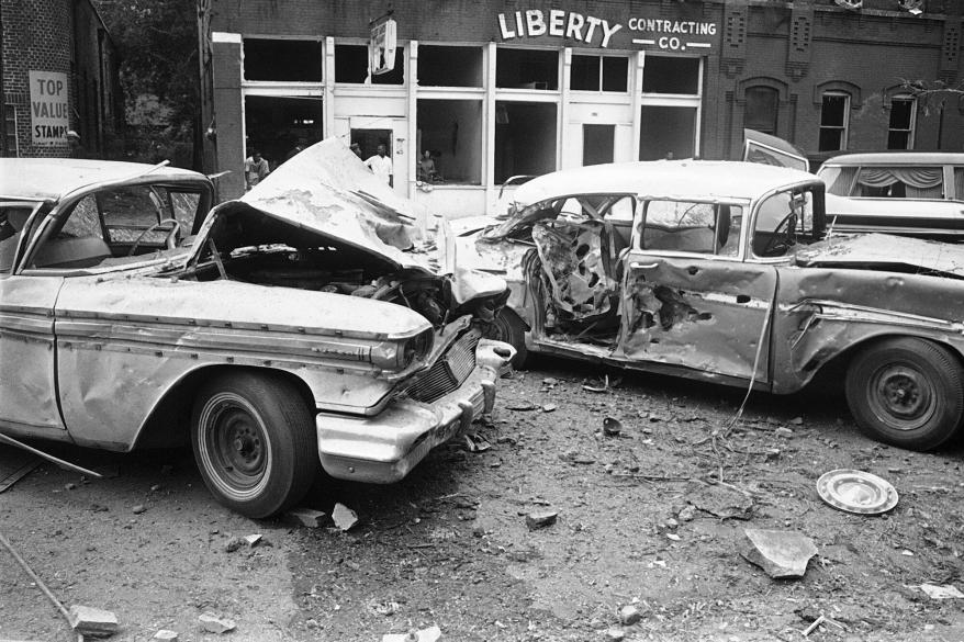 Damaged automobiles from an explosion at the 16th Street Batpish Church during services in Birmingham, Alabama Sept.15, 1963.