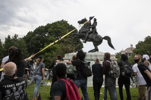 Protesters attempting to take down the Andrew Jackson statue in Washington D.C.