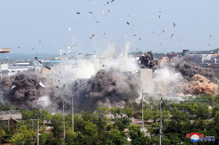 This photo provided by the North Korean government shows the demolition of an inter-Korean liaison office building in Kaesong, North Korea.