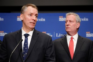 New York City Police Commissioner Dermot Shea, speaks alongside Mayor Bill de Blasio.