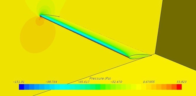 Researchers analyze a simulated air pressure field over a deformed wing inside a wind tunnel.