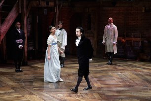 Leslie Odom Jr., Phillipa Soo, Lin-Manuel Miranda, Christopher Jackson and cast attend "Hamilton" opening night at the Public Theater on Feb. 17, 2015 in New York City.