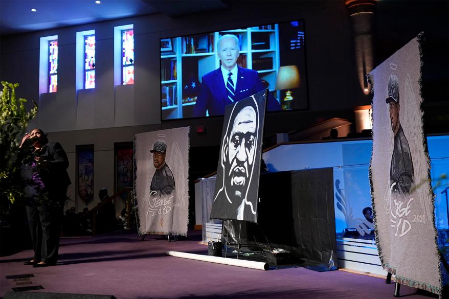 Democratic presidential candidate, former Vice President Joe Biden speaks via video link as family and guests attend the funeral service for George Floyd