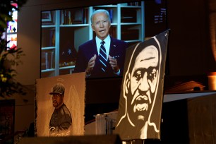 Democratic presidential candidate, former Vice President Joe Biden speaks via video link as family and guests attend the funeral service for George Floyd