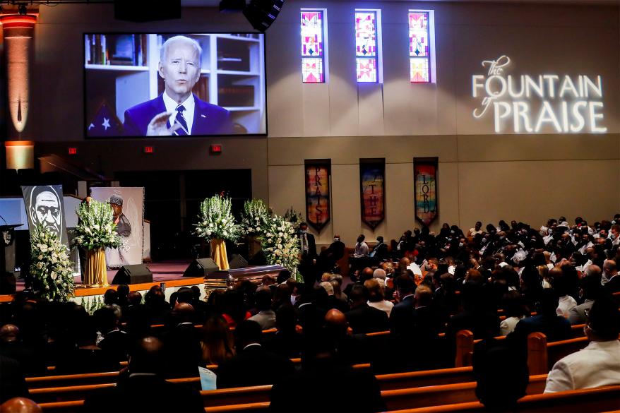 Democratic presidential candidate, former Vice President Joe Biden speaks via video link as family and guests attend the funeral service for George Floyd