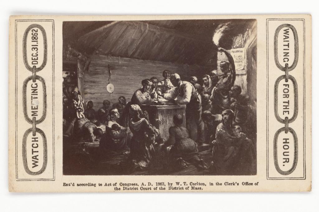 A print depicting the night of December 31, 1862, as enslaved people waited for President Abraham Lincoln’s Emancipation Proclamation to go into effect in 1863.