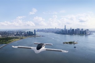 A rendering of a Lilium aircraft over New York City