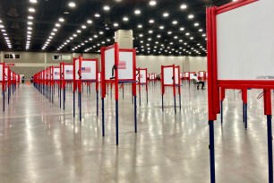 Voting stations are set up for the primary election at the Kentucky Exposition Center