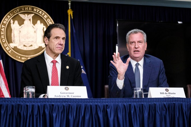 Gov. Andrew Cuomo and Mayor Bill de Blasio speak at a news conference on March 2.