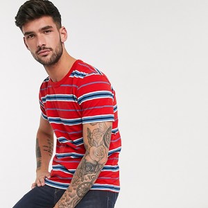 Selected Homme organic cotton triple stripe t-shirt in red