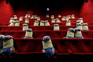 Minions toys are seen on cinema chairs to maintain social distancing between spectators at a MK2 cinema in Paris as Paris' cinemas reopen doors to the public following the coronavirus disease (COVID-19) outbreak in France.