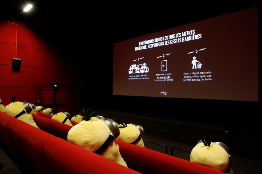 Minions toys are seen on cinema chairs to maintain social distancing between spectators at a MK2 cinema in Paris as Paris' cinemas reopen doors to the public following the coronavirus disease (COVID-19) outbreak in France.