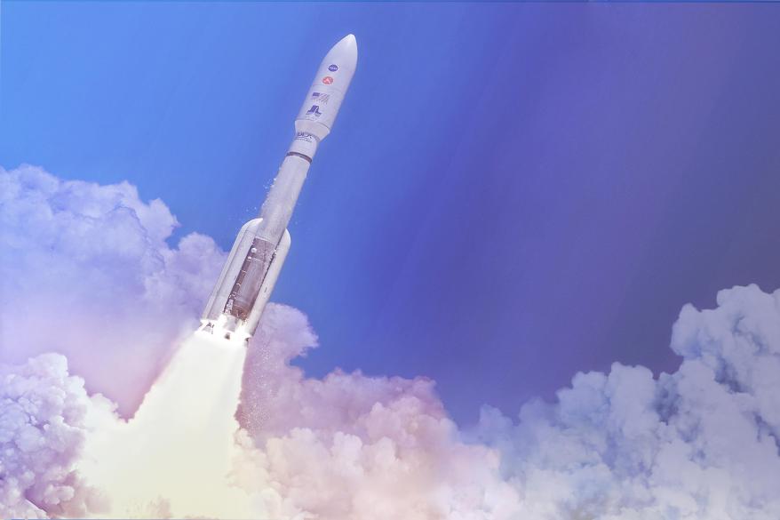 In this artist's concept, a two-stage United Launch Alliance (ULA) Atlas V launch vehicle speeds the Mars 2020 spacecraft toward the Red Planet.