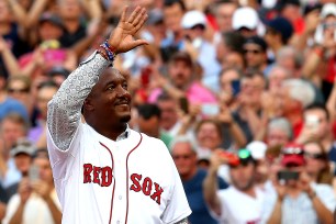 Pedro Martinez waves to Red Sox fans