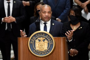New York Sate Assembly Speaker Carl Heastie, D-Bronx, speaks in favor of new legislation for police reform during a news briefing at the state Capitol on Monday in Albany, NY.