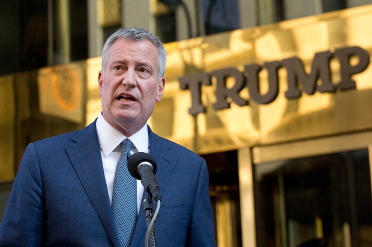 Bill de Blasio holds a news conference in front of Trump Tower.