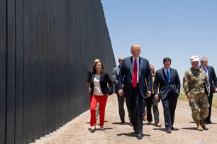 Donald Trump participates in a ceremony commemorating the 200th mile of border wall at the international border with Mexico in San Luis, Arizona.