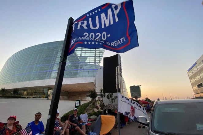 Trump supporters camp outside the BOK Center in Tulsa, Oklahoma
