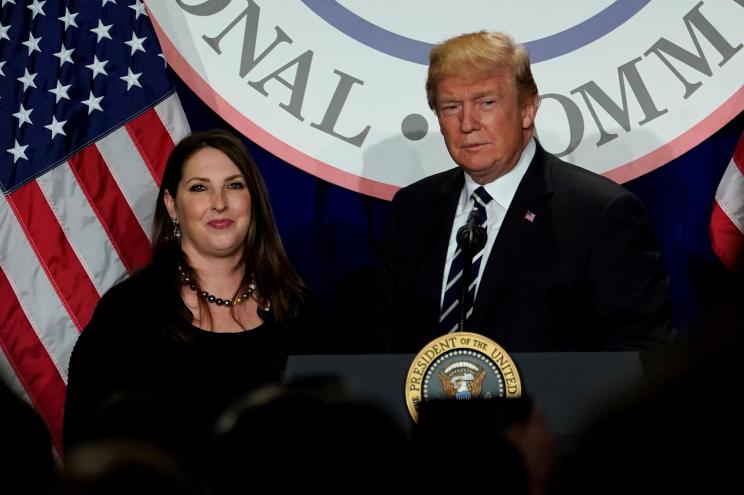 President Donald Trump is introduced by RNC chairwoman Ronna McDaniel at the Republican National Committee's winter meeting at the Washington Hilton in Washington, U.S., February 1, 2018.