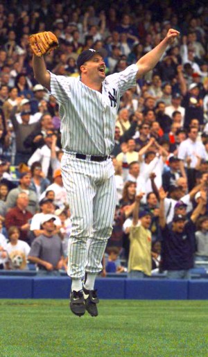 David Wells celebrates his perfect game on May 17, 1998