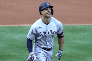 Giancarlo Stanton is all smiles after blasting a 459-foot, two-run homer in the first inning in the Yankees' opener vs. the Nationals on Thursday night.