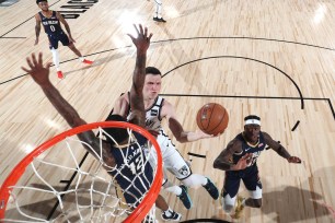 Rodions Kurucs goes up for a layup during the Nets' scrimmage loss to the Pelicans on Wednesday night.