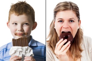 Stock images of a boy and a woman eating chocolate.