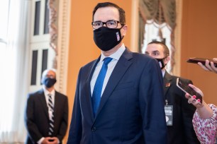 Treasury Secretary Steven Mnuchin arrives to the Capitol for a meeting with Senate Majority Leader Mitch McConnell, R-Ky., about the COVID-19 relief plan