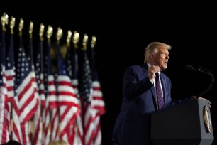 President Donald Trump speaks from the South Lawn of the White House on the fourth day of the Republican National Convention.