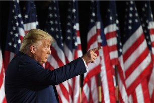 US President Donald Trump gestures at the conclusion of the the final day of the Republican National Convention