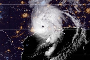 Hurricane Laura, now a category 3 storm, making landfall on the Louisiana/Texas border