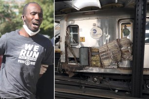 Demetrius Harvard (left) is apprehend after derailing an A train in Manhattan