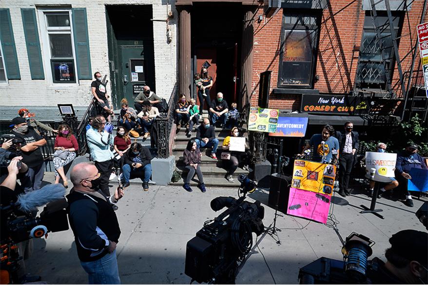 Comedians, club owners and supporters came together today outside of the NY Comedy Club, with the support of State Senator Michael Gianaris, in demanding that Gov. Andrew Cuomo lift their covid-19 closures allowing them to open their doors for business.