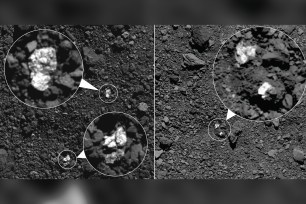 During spring 2019, NASA’s OSIRIS-REx spacecraft captured these images, which show fragments of asteroid Vesta present on asteroid Bennu’s surface.