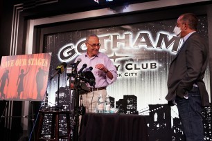 U.S. Senator Charles Schumer(D-NY), left, and comedian Jerry Seinfeld during a news conference at Gotham Comedy Club on Sunday, September 13