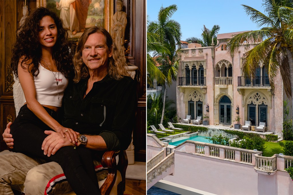 Bill Hutchinson, who with girlfriend Brianna Ramirez (left) stars on the reality show "Marrying Millions," wants to sell his mighty Miami mansion (right).