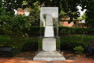 Thomas Jefferson's original granite grave marker enclosed in an acrylic case on the Francis Quadrangle at the University of Missouri in Columbia, Missouri.
