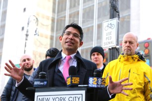 Council Member Carlos Menchaca speaks at a press conference held on the corner of Smith Street and Atlantic Avenue in Cobble Hill, Brooklyn on March 27, 2018
