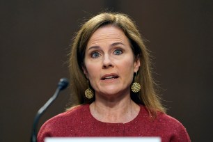 Supreme Court nominee Amy Coney Barrett speaks during a confirmation hearing before the Senate Judiciary Committee today.